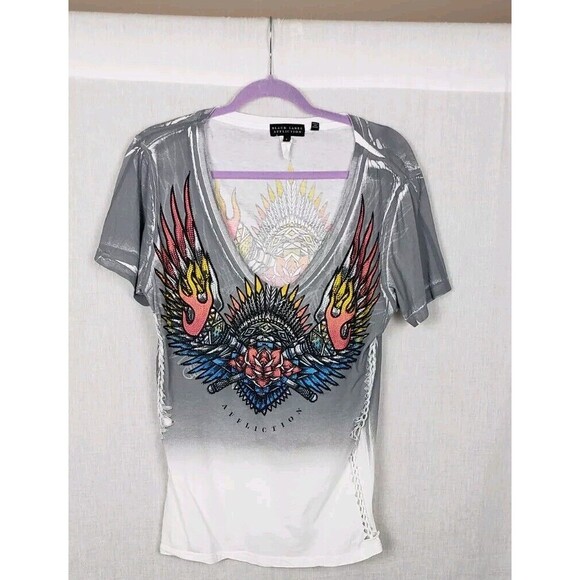 Black Label Affliction Womens Multicolor Logo Beaded Tee Shirt Large Side Braid - Picture 1 of 7